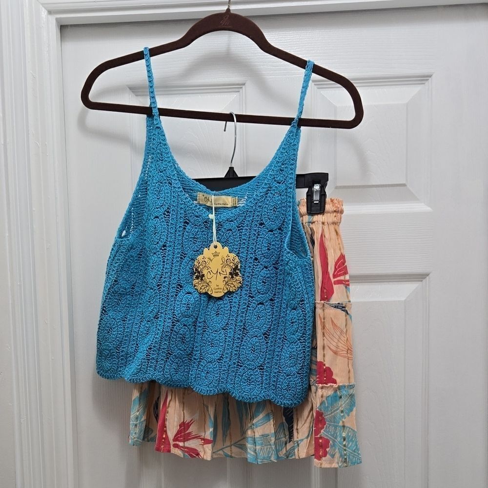 Blue Crochet Tank Top and Floral Shorts Set
